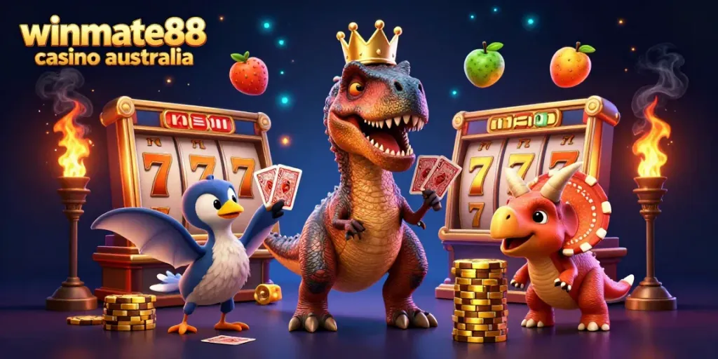 Experience exciting gameplay with the interactive world of winmate88 casino australia, featuring a whimsical card-shuffling T-Rex.