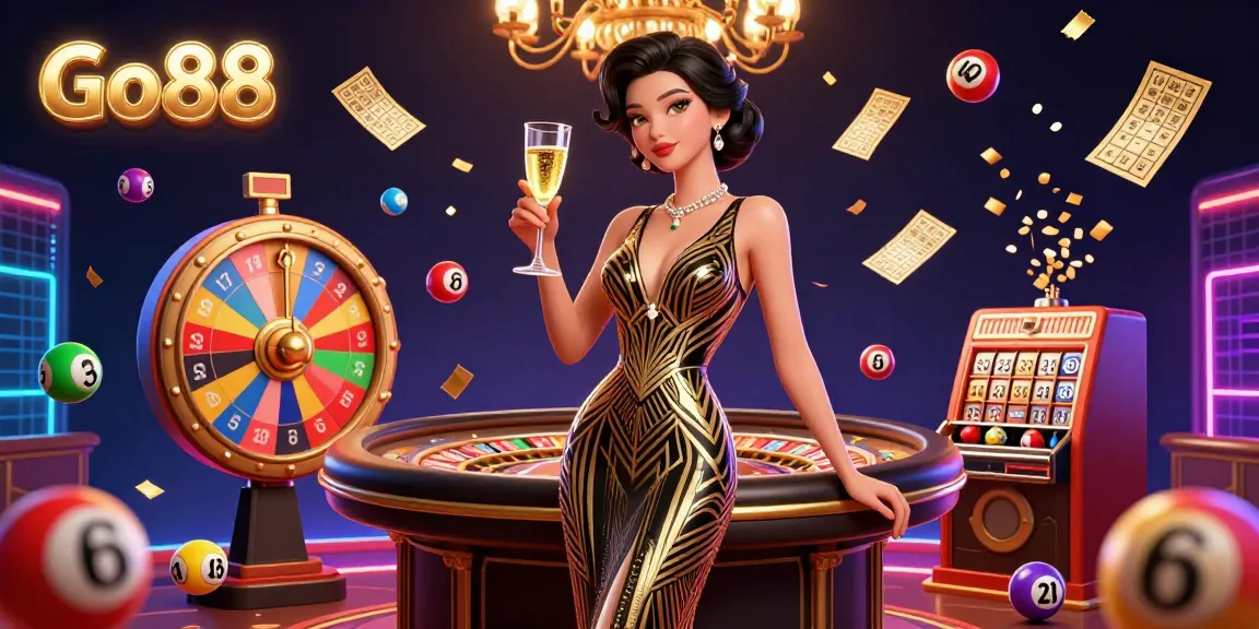 Engage with Go88’s thrilling jackpot slots and dynamic lottery gaming experience in this vibrant digital illustration.