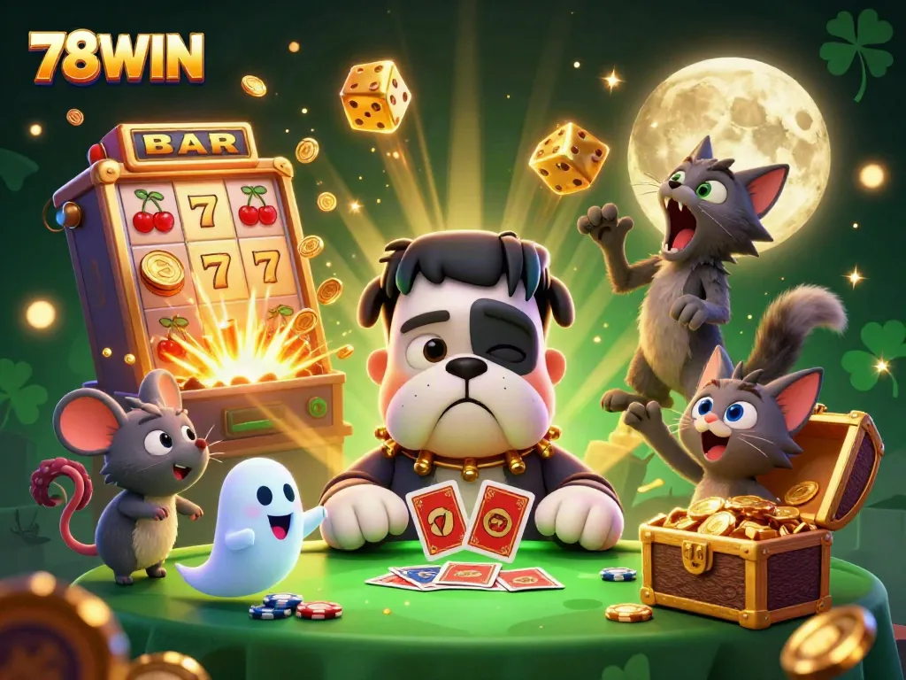 Experience thrilling action and winning cards with 78WIN's vibrant casino scene featuring exciting elements.