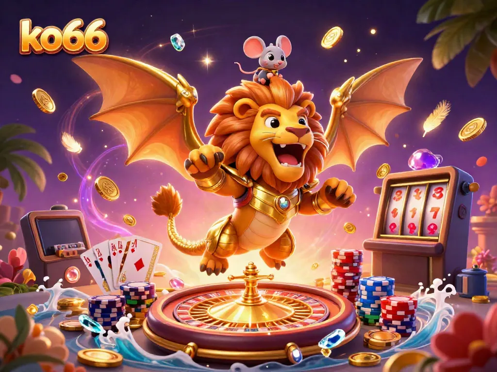 Experience thrilling gameplay with ko66 in a vibrant casino scene featuring roaring chimera and sparkling gems.