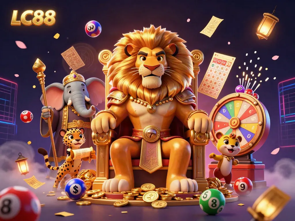 Experience excitement with LC88 as a fierce lion king presides over a dynamic casino scene.