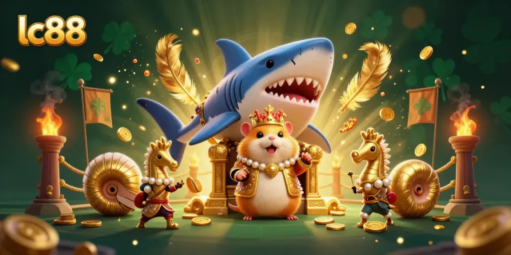 Engage in lc88 casino games with the hamster king amidst glimmering gold coins and festive atmosphere.