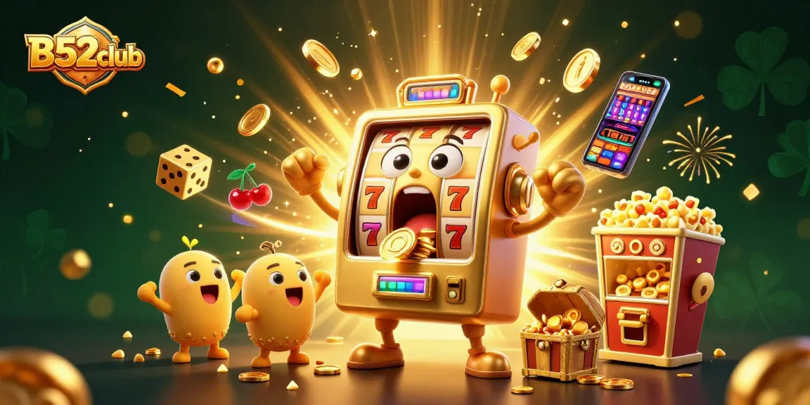 B52club's golden slot machine celebrating a jackpot with coins pouring out, surrounded by cheering smaller machines and festive casino symbols.