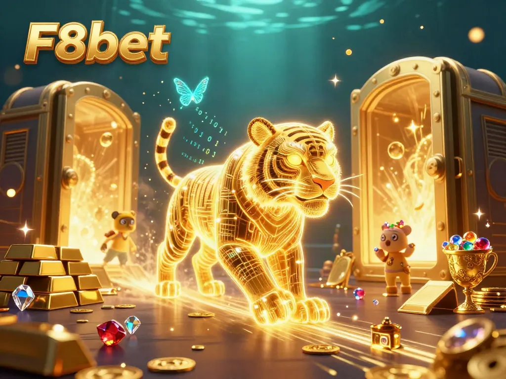 Experience thrilling gameplay with F8bet's vibrant casino scene featuring a glowing tiger and radiant treasures.