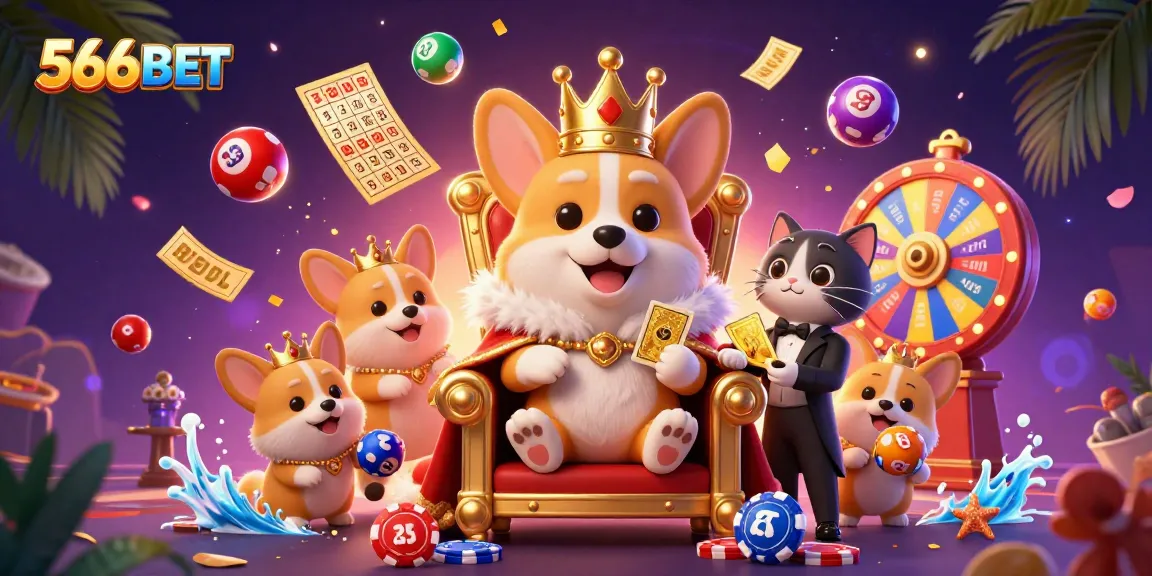 Join 566BET for an exciting gaming adventure with vibrant lottery action and royal characters.