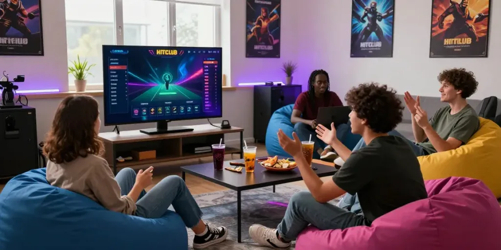 Excited gamers enjoying a HITCLUB online session with snacks and vibrant decor.