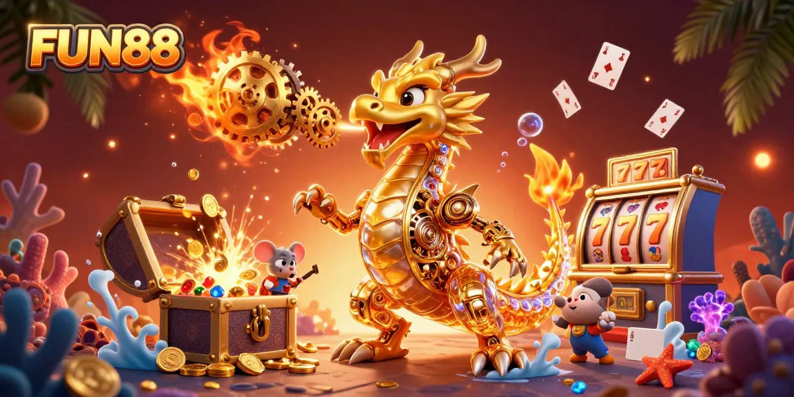 Experience FUN88’s golden dragon amidst a wealth of gaming treasures and vibrant casino elements.