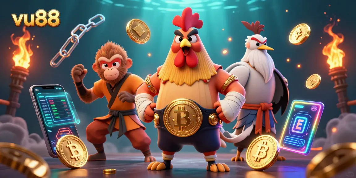 Win big at vu88 with fierce 3D characters and vibrant crypto elements in a bustling casino scene.