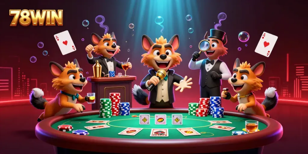 Experience the lively 78WIN comedy casino club with cheerful hyenas engaging in gambling activities.