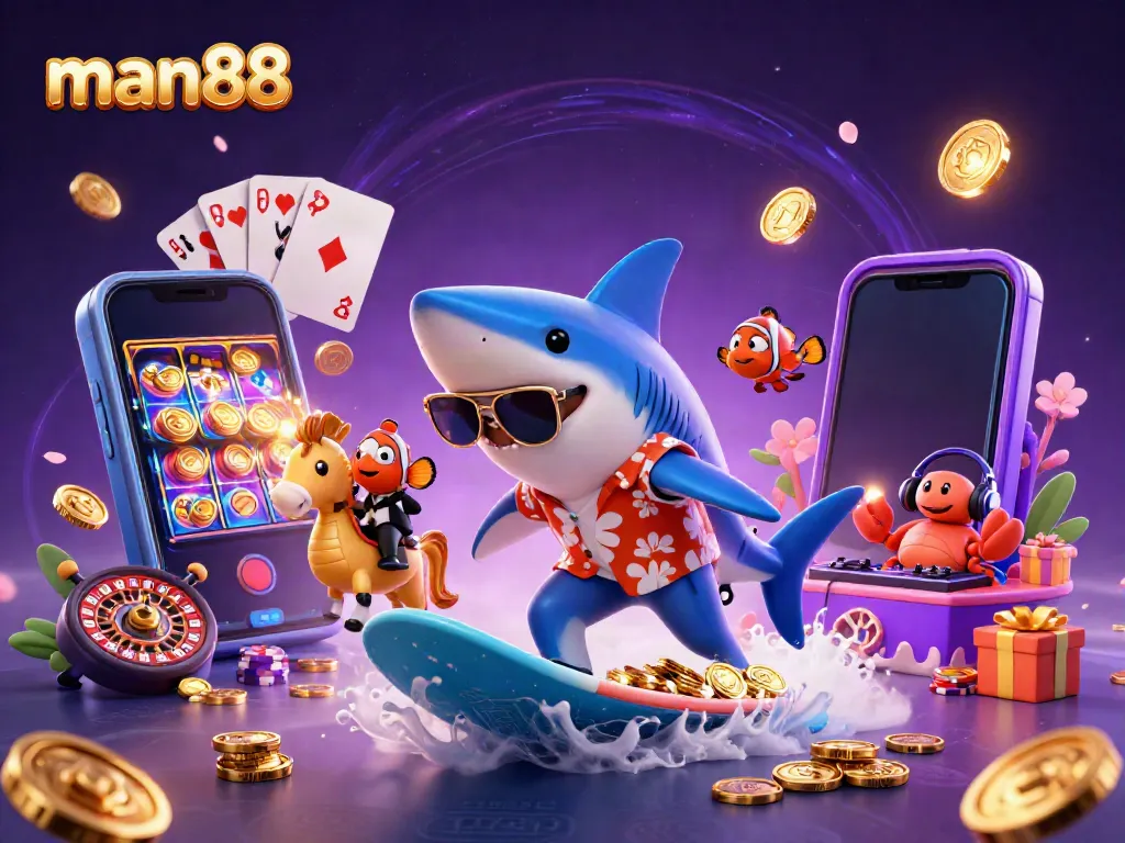Experience the excitement of man88 with a vibrant underwater casino scene featuring surfing characters and dynamic game elements.