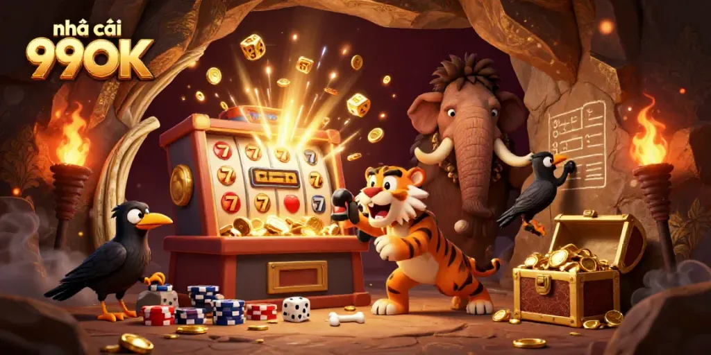 Experience the excitement of nhà cái 99OK with playful prehistoric characters in a vibrant casino scene.