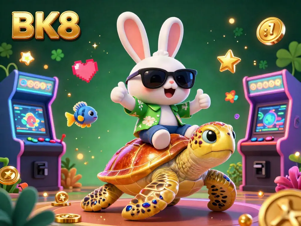 Experience casino excitement with BK8's lucky rabbit and sea turtle in a vibrant 3D adventure.