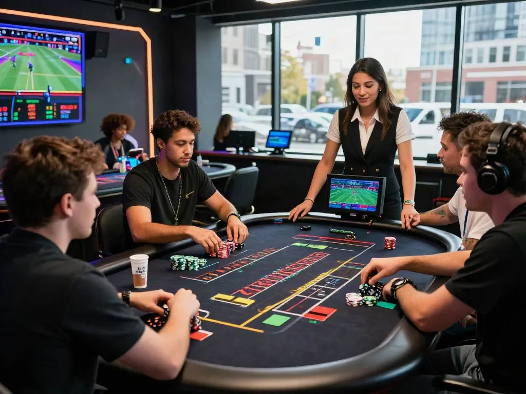 Players at a casino table engaged in thrilling bets, showcasing 9bet's vibrant gaming atmosphere.