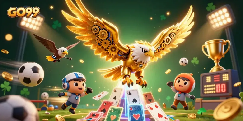 Engage in thrilling gaming adventures with GO99's vibrant spectacle of animated golden eagle diving through playing cards.