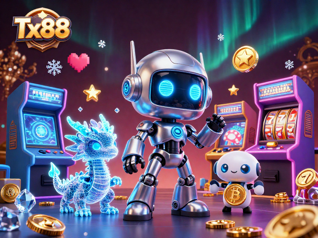 Engage with Tx88's vibrant gaming experience featuring a robotic mascot and dazzling casino elements.