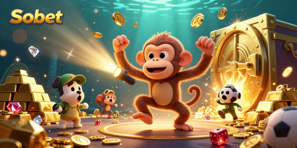 Engage in thrilling sports betting at Sbobet, featuring a playful poltergeist monkey juggling golden coins.