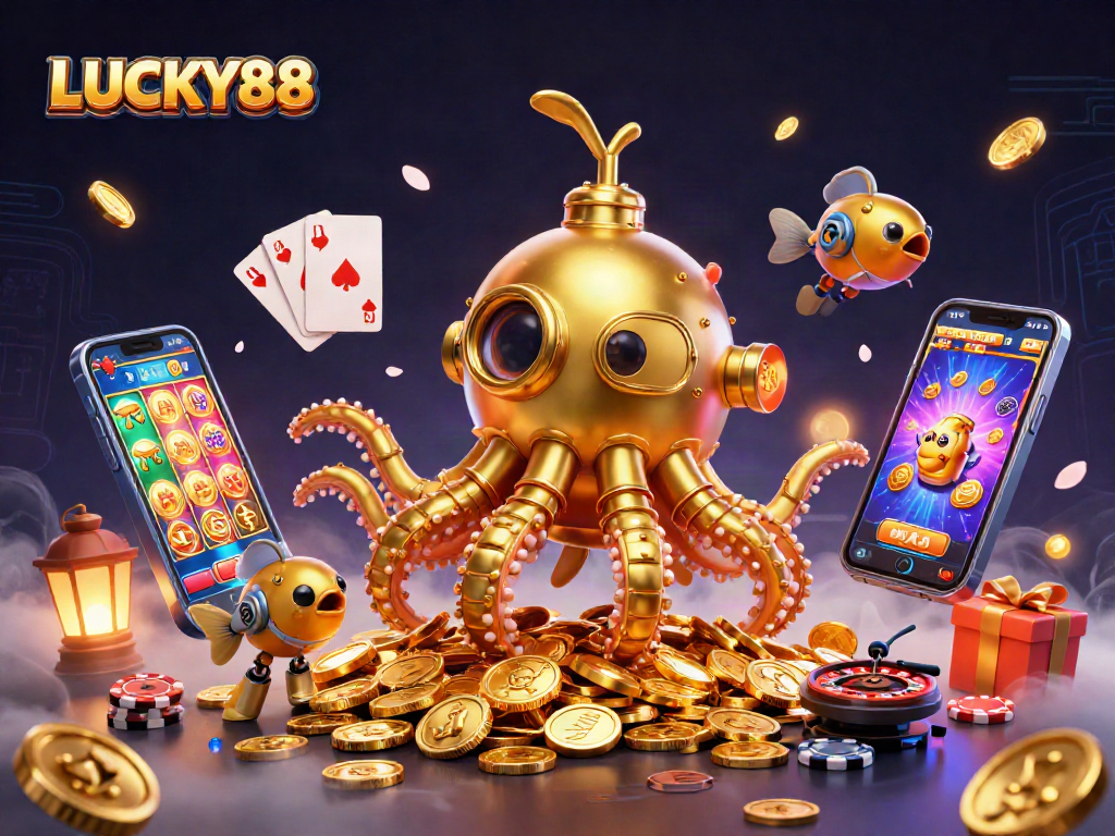 Experience LUCKY88 with vibrant gaming action featuring a golden kraken and dynamic slot elements.