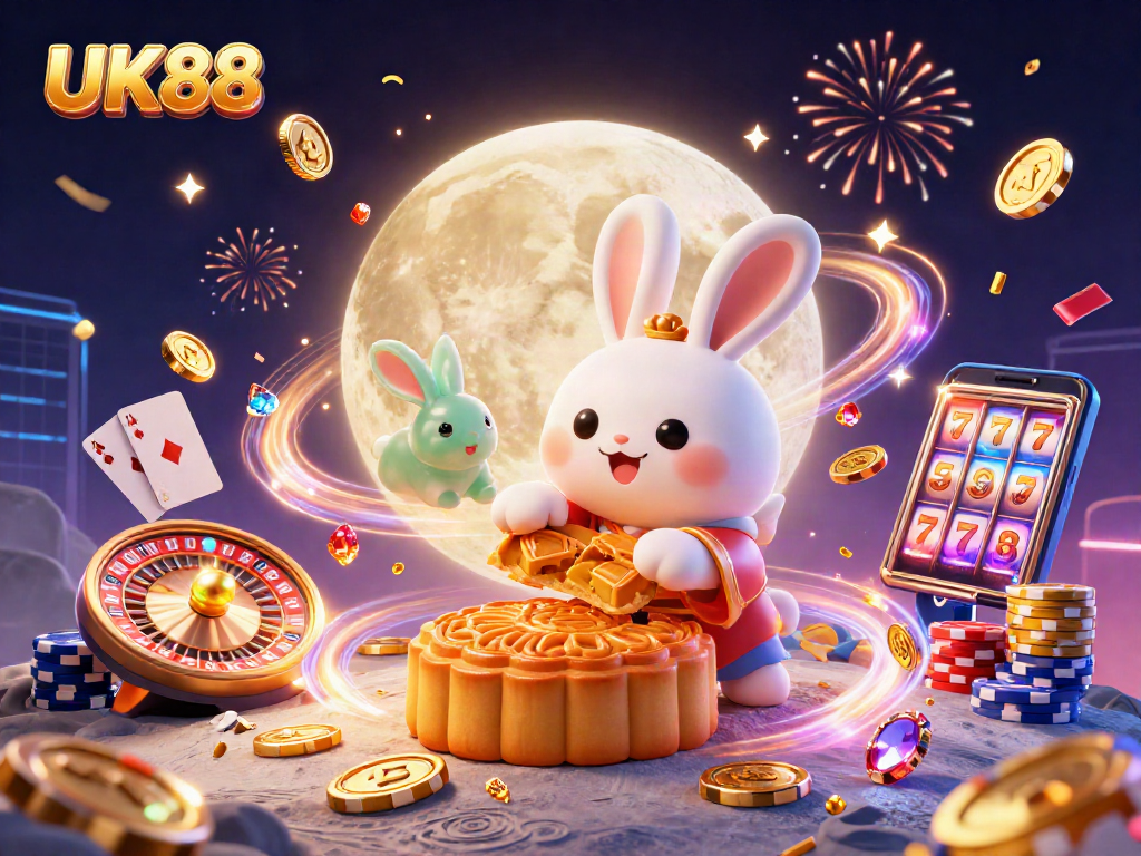 Engage in exciting gameplay on UK88 with golden coins, poker chips, and game elements.
