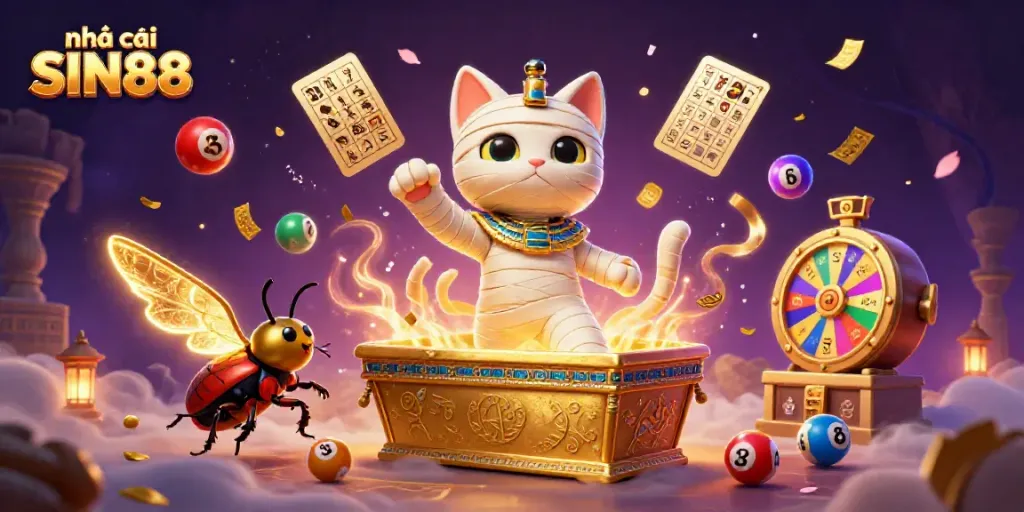 The vibrant scene showcases nhà cái SIN88 with a mummy cat and scarab beetle in a pyramid casino surrounded by dynamic game elements.