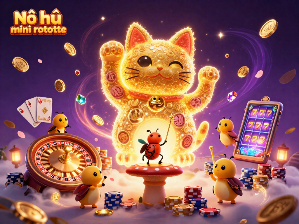Experience the exciting Nổ hũ mini roulette with vibrant golden fireflies, iconic casino elements, and dynamic gameplay.
