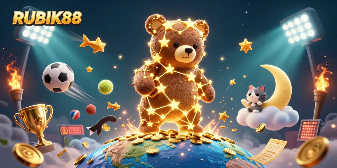 Join the excitement at RUBIK88 with dazzling sports and casino elements in a colorful 3D illustration.