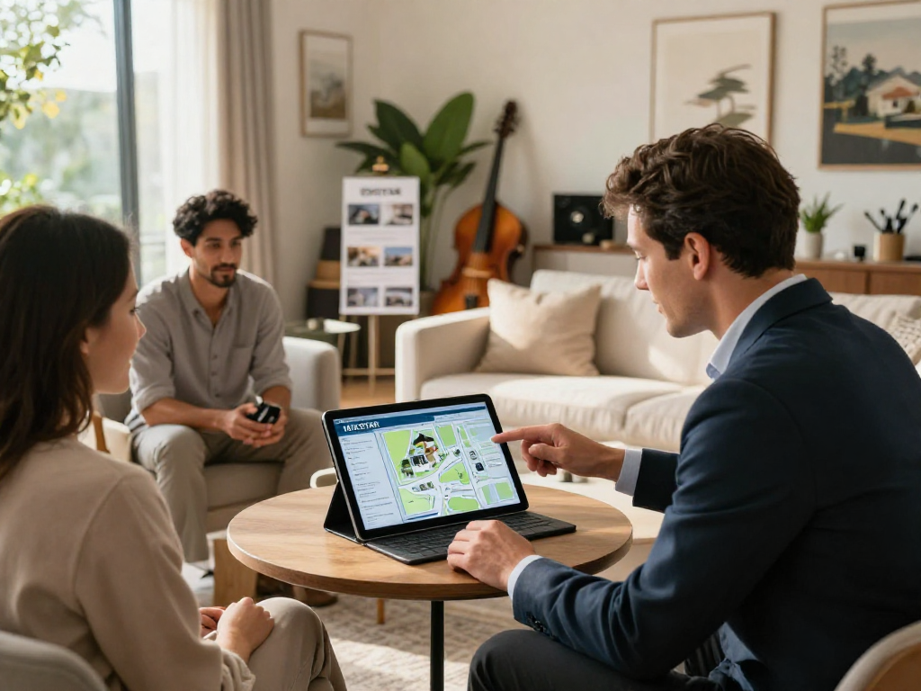 Real estate agent showcasing IDXSTAR technology to buyers in a modern open house.