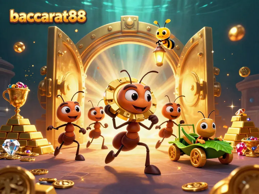 Baccarat88 ants escape with a giant poker chip amid stunning casino treasures and vibrant gems.