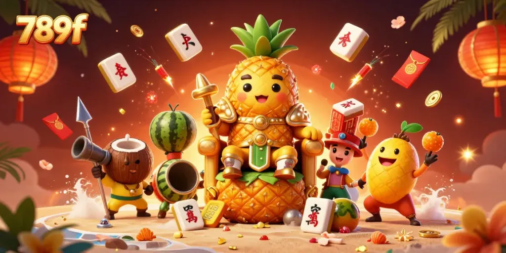 Engage with 789f's thrilling casino games alongside a royal pineapple king and jester juggling riches.