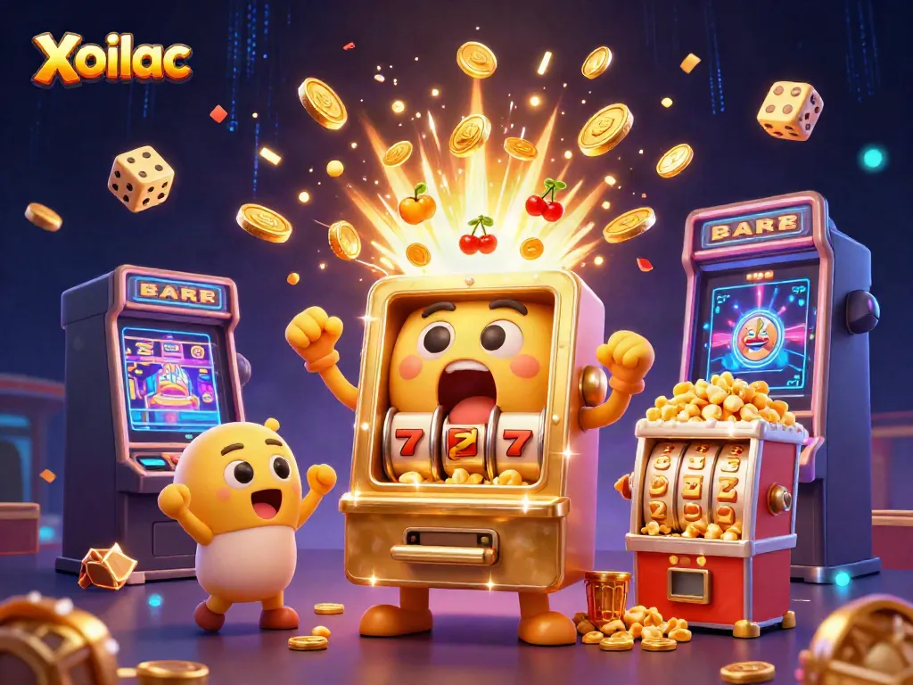 Xoilac enhances casino excitement with a cartoon slot machine hitting its jackpot surrounded by cheering assistants.