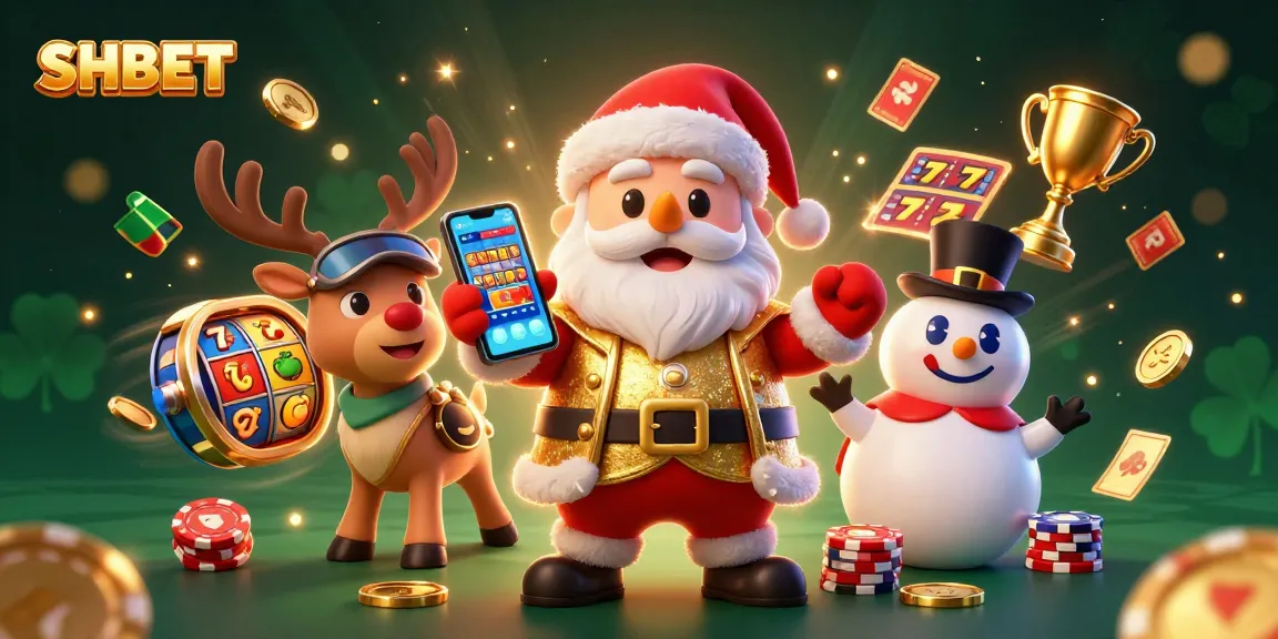 SHBET showcases a vibrant online casino scene with Santa, an engaging reindeer dealer, and a playful snowman, surrounded by dynamic slot elements.