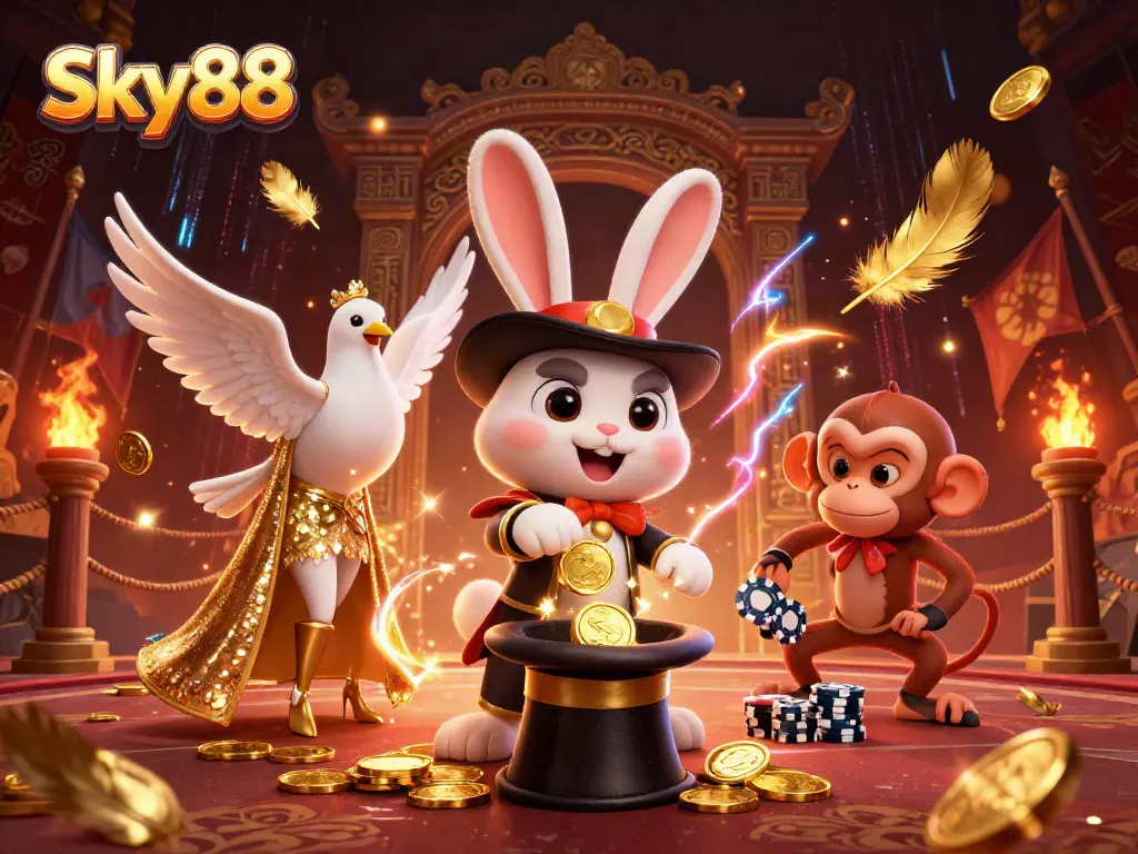 Experience the excitement of Sky88 with a fun casino illustration featuring a magician rabbit and playful characters.