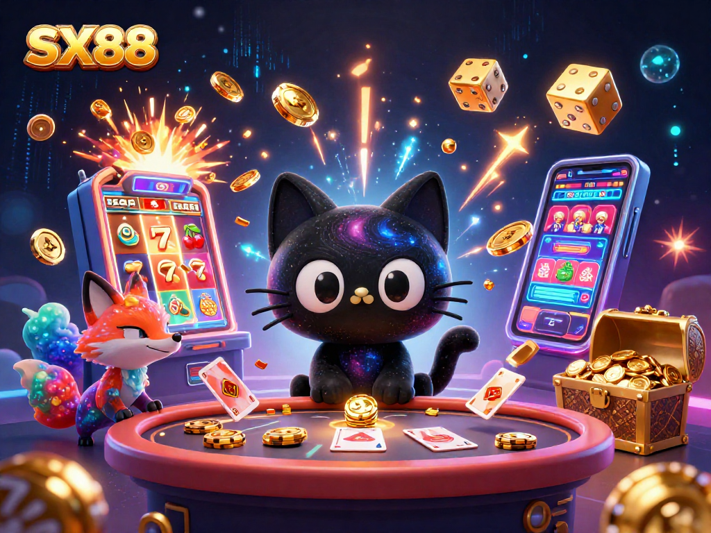 SX88's cosmic casino with a black hole cat and colorful fox attracting players with vibrant games.