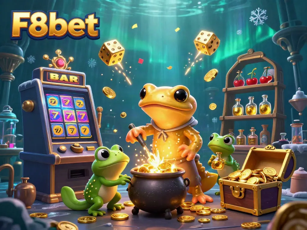 Experience the magic of F8bet's casino with a 3D golden salamander alchemist and jackpot of coins.