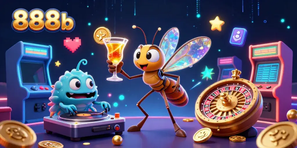 Experience the vibrant energy of 888b with cartoon characters immersed in a colorful casino scene.