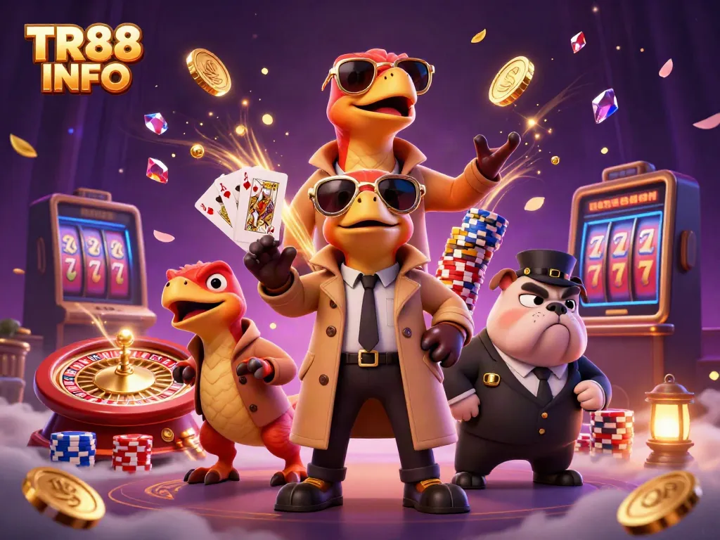 Engaging TR88 INFO scene with raptors in a trench coat entering a casino, showcasing vibrant elements.