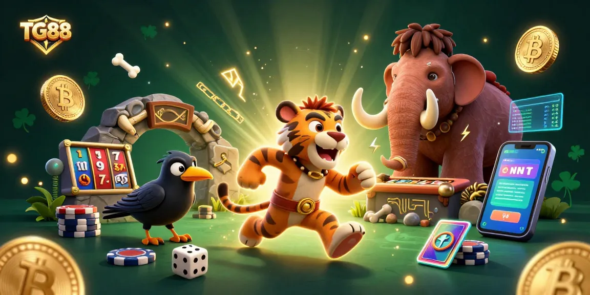 Join the excitement at TG88, featuring lively casino gameplay with caveman characters and vibrant slot elements.