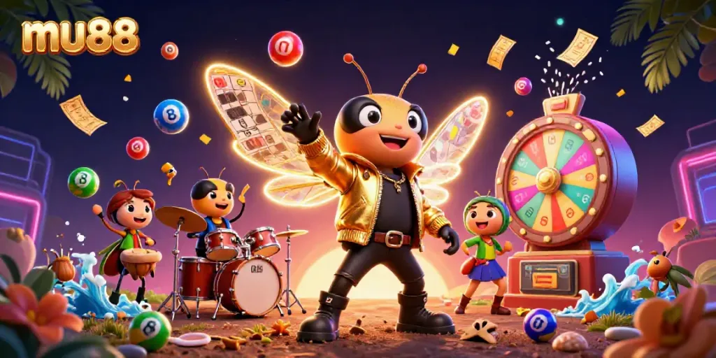 Engage in excitement with mu88's vibrant lottery scene, featuring animated characters and dynamic game elements.