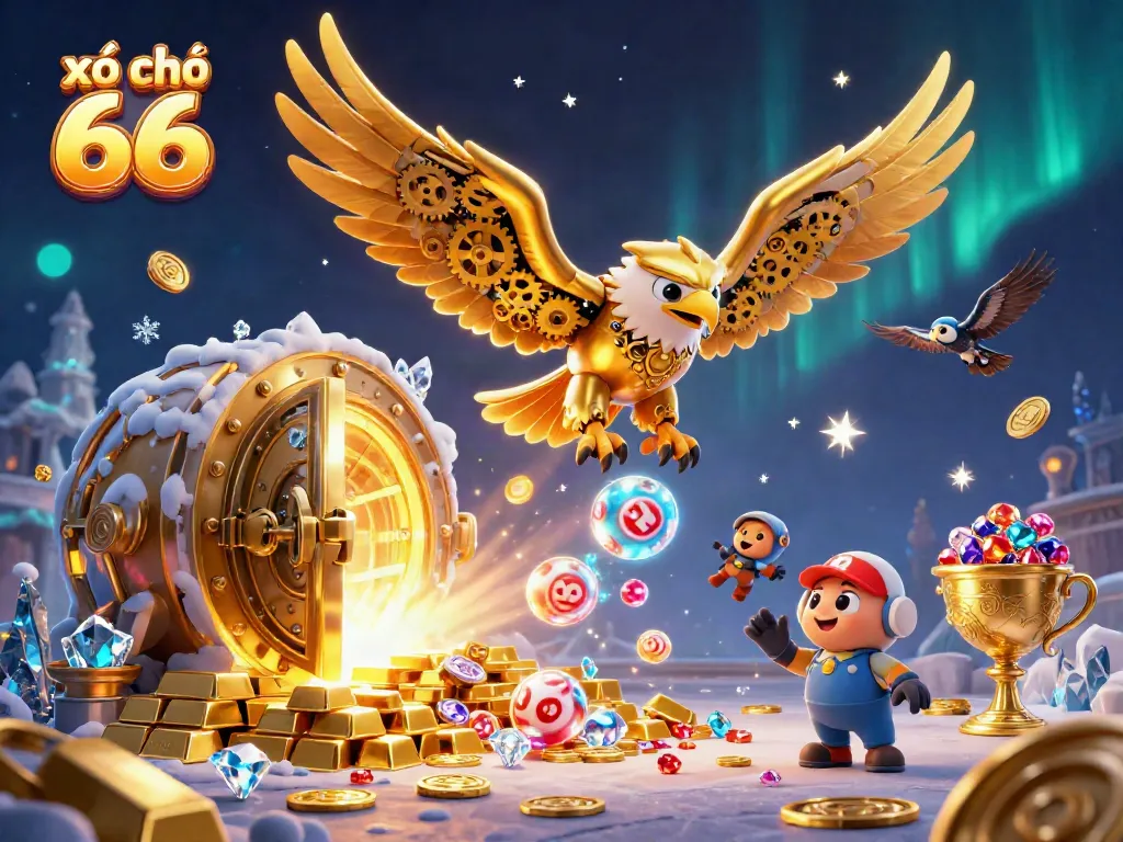 Engage in the thrill of xổ số 66 as a golden eagle dives through holographic lottery balls amidst golden treasures.