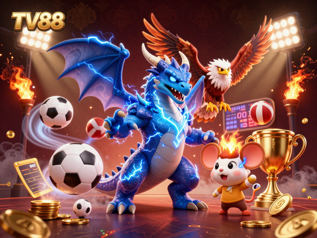 Engage in thrilling gameplay at TV88 with a dynamic scene featuring a thunder dragon, sports elements, and vibrant casino atmosphere.