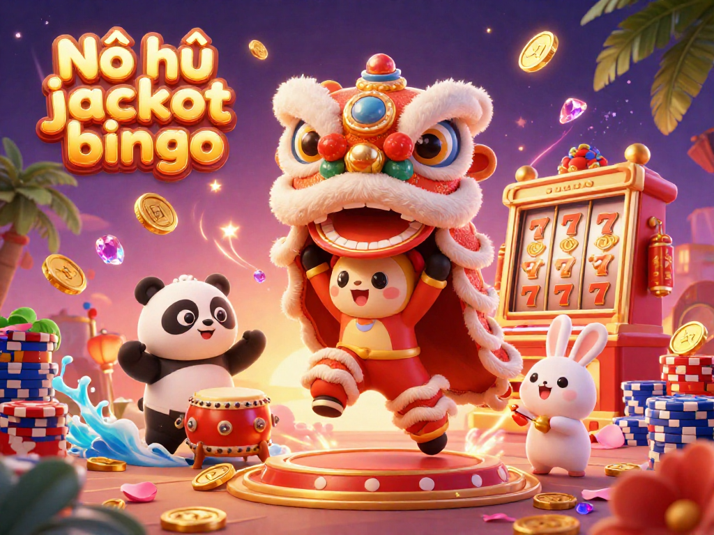 Nổ hũ jackpot bingo showcases a vibrant lion dance scene with characters amidst flying coins and a spinning slot machine.