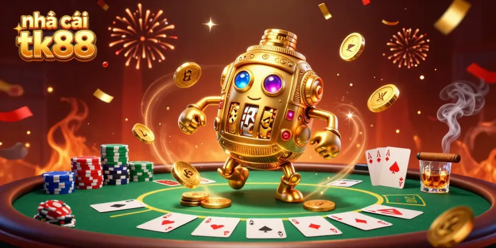 Play at nhà cái tk88 with vibrant cartoon golem loaded with casino elements, celebrating winnings.
