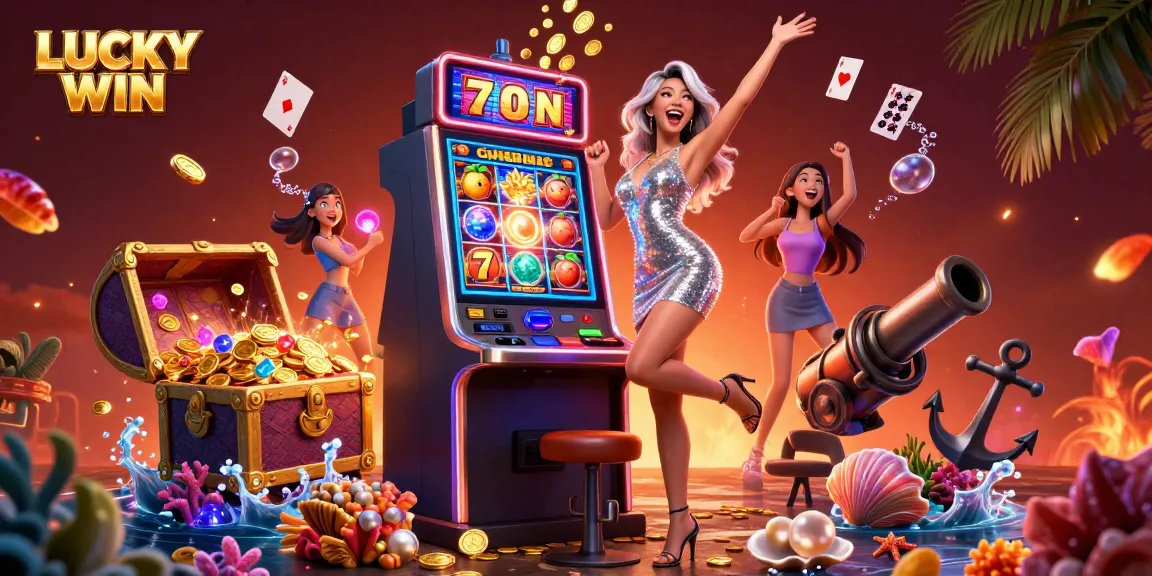 Experience the excitement of LUCKY WIN with a glamorous scene celebrating jackpots and casino thrills.