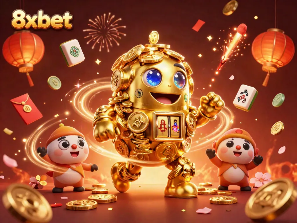 Engage with 8xbet through a colorful, dynamic casino-themed celebration featuring a golden golem and festive elements.