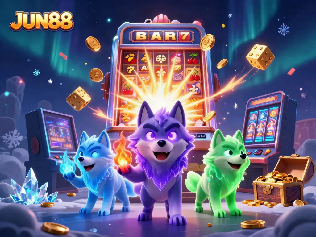 Play slots and win at JUN88 with a captivating 3D illustration featuring a wolf pack and casino elements.