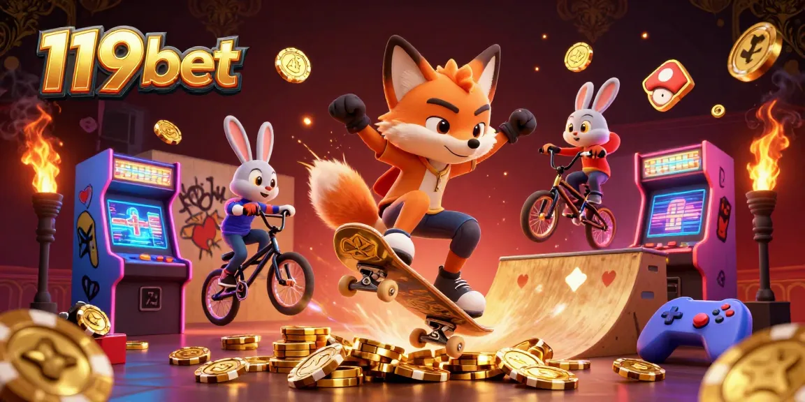 Experience the excitement at 119bet with vibrant casino-themed characters and arcade games.
