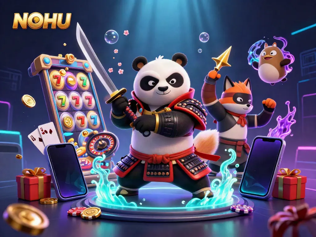 Engaging 3D illustration showcasing NOHU's captivating gaming experience with dynamic characters and casino elements.