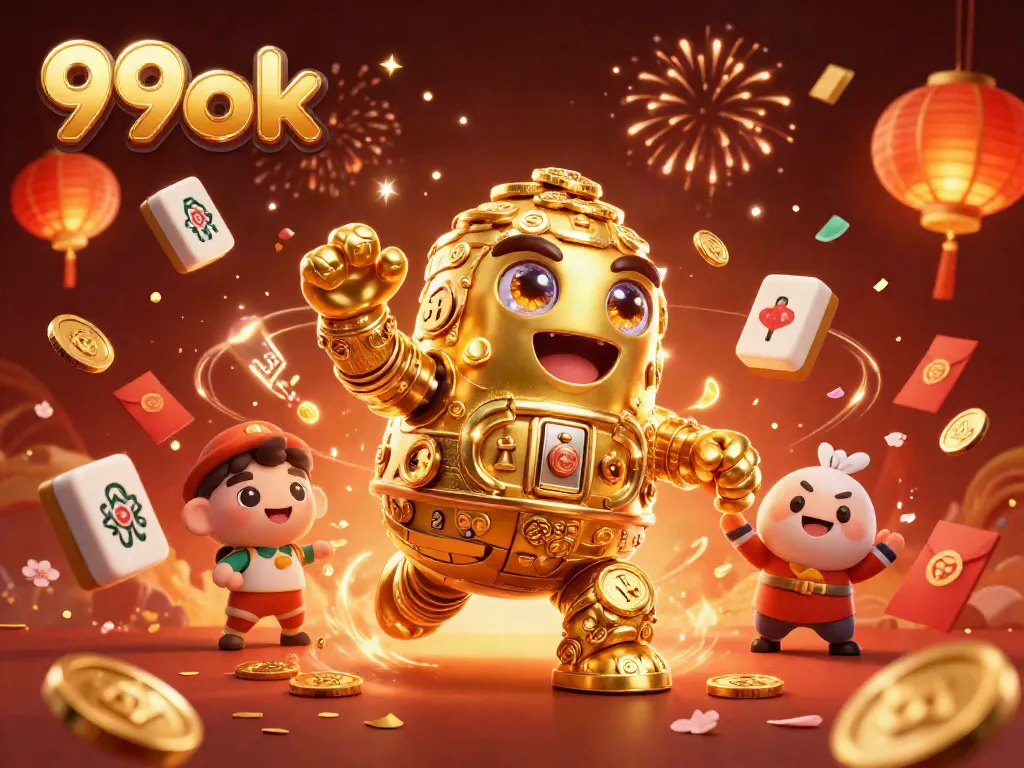 Experience the excitement of 99ok with a golden golem, colorful game elements, and festive atmosphere.