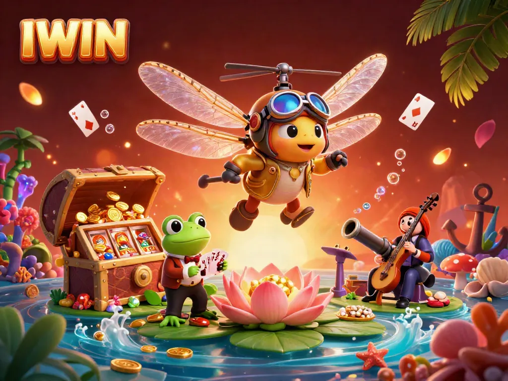IWIN casino scene with a cartoon helicopter pilot, frog dealer, and treasure-enhanced atmosphere.