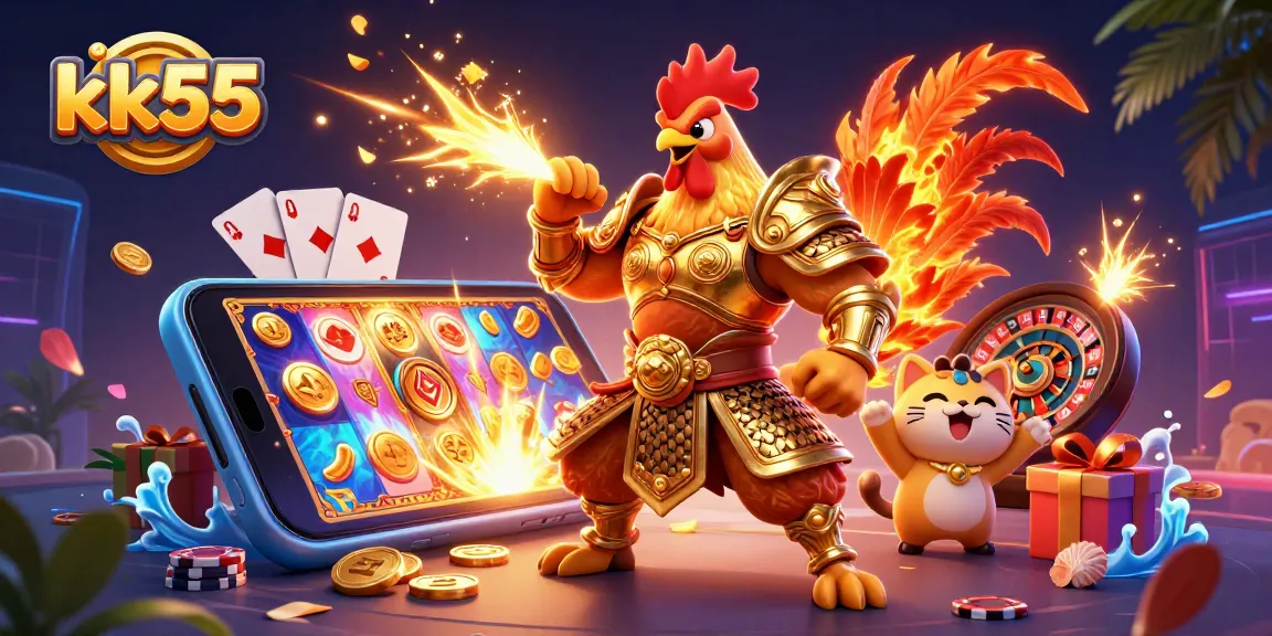 Engage in exciting gameplay at kk55 with a warrior rooster and dragon amidst spinning reels and vibrant casino elements.