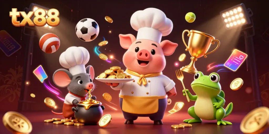 Engage with tx88 sports excitement as a chef pig presents gold coins while a mouse and frog cheer on.